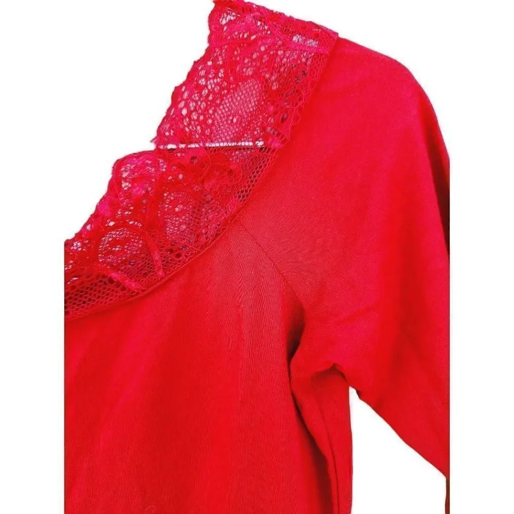 Michael Kors Womens Blouse Red Short Sleeve Scoop Neck Lace Cotton Blend S
